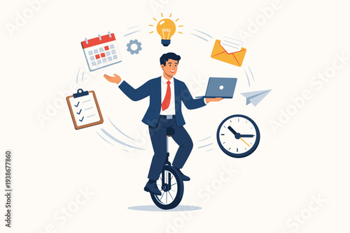 Businessman Multitasking on a Unicycle Juggling Work Tasks Like Laptop, Calendar, Clock, and Email. Concept of High Productivity, Efficient Project Management, and Professional Time Management Skills.