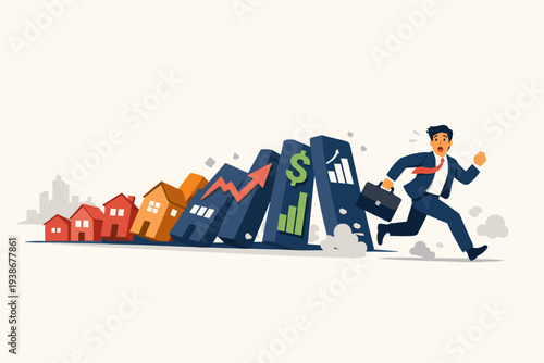 Businessman Running Away from Falling Dominoes Representing Real Estate Debt Crisis, Housing Market Crash, Stock Market Collapse, and Financial Investment Failure in a Domino Effect Illustration.