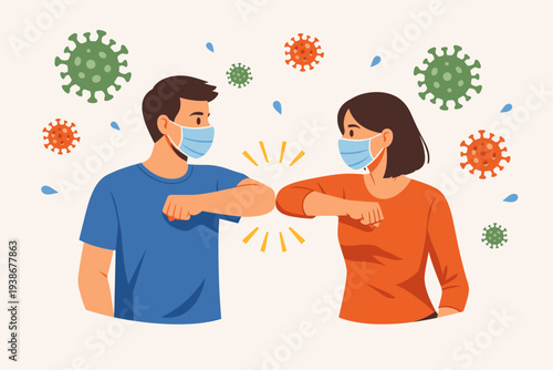 Man and Woman Wearing Medical Face Masks Doing Elbow Bump Greeting to Maintain Social Distancing and Prevent Spread of Coronavirus or Flu Virus During Global Pandemic Health Crisis Illustration