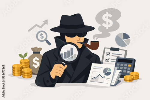 Professional Financial Investigator Analyzing Business Data, Market Trends, and Investment Opportunities. Auditor Examining Tax Reports, Money Bags, and Growth Charts in Flat Vector Style.