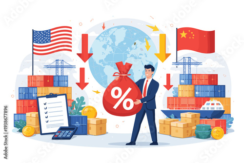 US and China Trade War Illustration with Tariffs and Import Tax Concept, Businessman Holding Percent Bag, Global Economic Recession, Shipping Containers, Cargo Ship, and Customs Regulations.