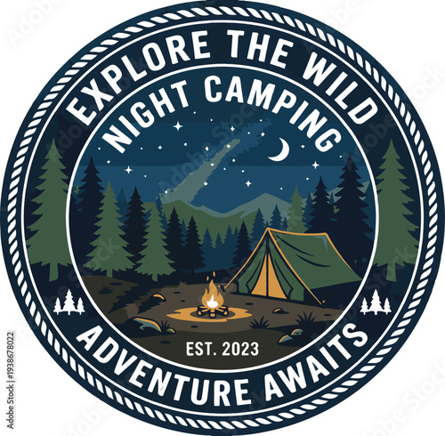Camping Badge Vector with Night Sky Mountain Landscape Tent and Campfire for Outdoor Adventure Travel and Tourism Design