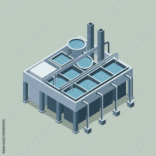 Isometric Illustration of Industrial Water Treatment Plant.