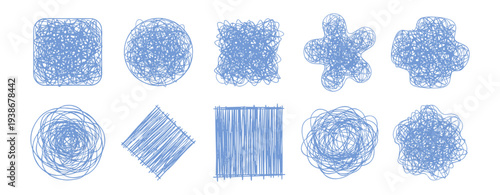 Abstract scribble doodle shapes and frames set, hand drawn messy sketch vector illustration isolated on transparent background