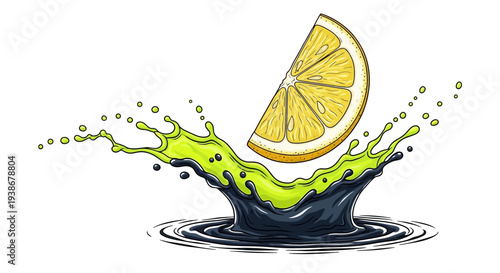 Fresh lime wedge dropping into green liquid creating splash effect with ripples and splashes around it in a refreshing illustration