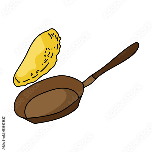 Hand-drawn vector illustration of a pancake flipping over a frying pan in doodle style