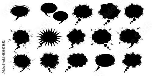 Comic speech and thought bubbles set black silhouette icons for dialogue cartoon graphic design illustration