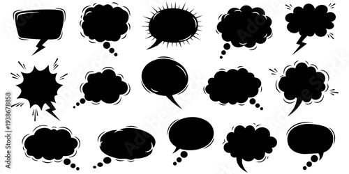 Comic speech and thought bubbles set black silhouette icons for dialogue cartoon graphic design illustration