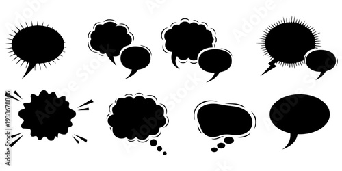 Comic speech and thought bubbles set black silhouette icons for dialogue cartoon graphic design illustration