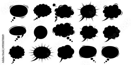 Comic speech and thought bubbles set black silhouette icons for dialogue cartoon graphic design illustration