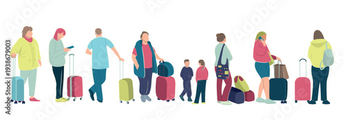 Collection of diverse airport passengers standing with luggage in different poses. The illustration shows travelers waiting in line with suitcases
