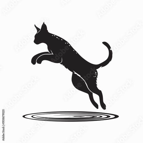 Majestic Serval Jumping Across River Silhouette Vector Illustration
