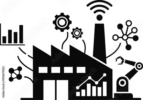 Industrial automation and smart factory concept with robotics and data analysis