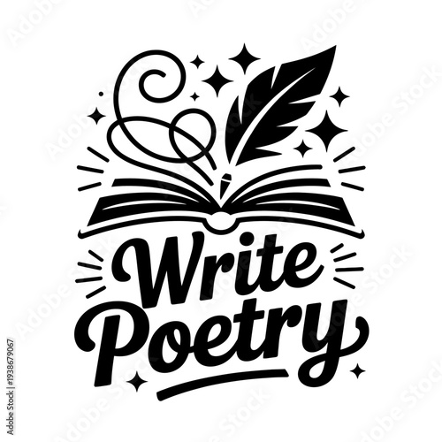 An open book with a quill pen symbolizes the creativity of poetry writing.