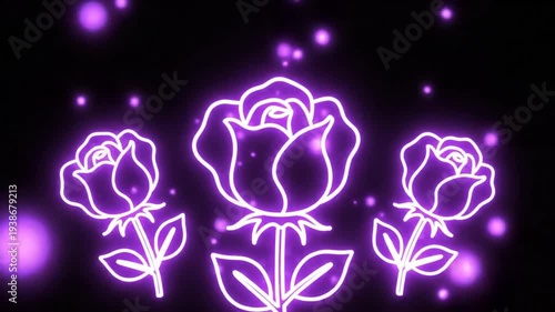 Three purple neon rose outlines glowing on black background