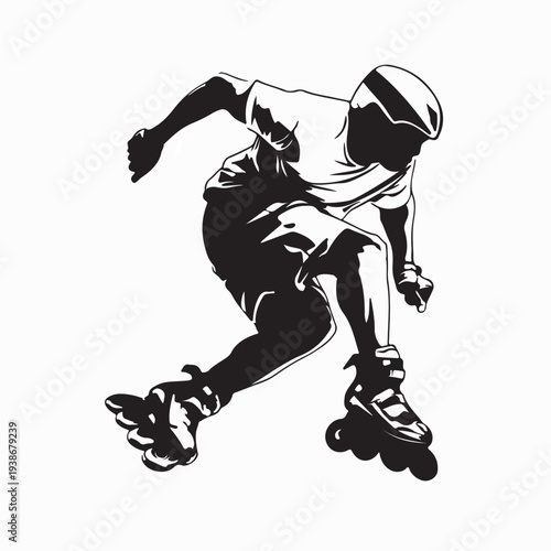 Silhouette of a young boy roller skating on white background.