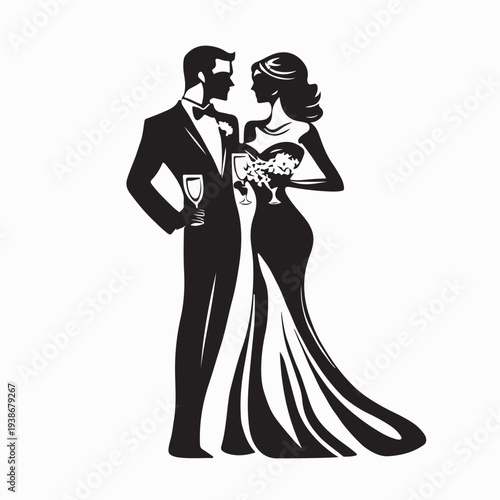 Wedding Couple Celebrating With Wine Glasses Silhouette Vector