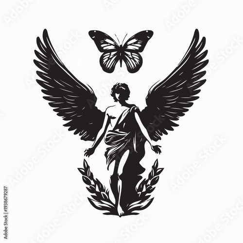 Angel in Heaven With Butterflies Silhouette Vector Illustration on White Background