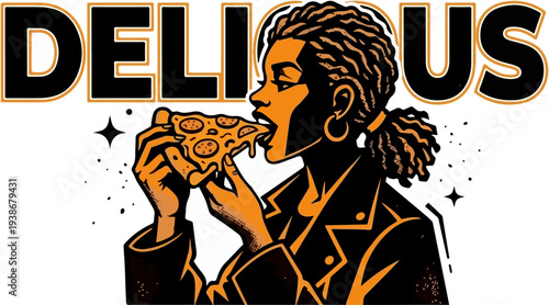 Cool Woman Biting Delicious Pizza Bold Silhouette Vector Art