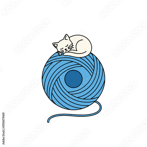 White cat sleeping on blue yarn ball for knitting hobby and cute pet illustration