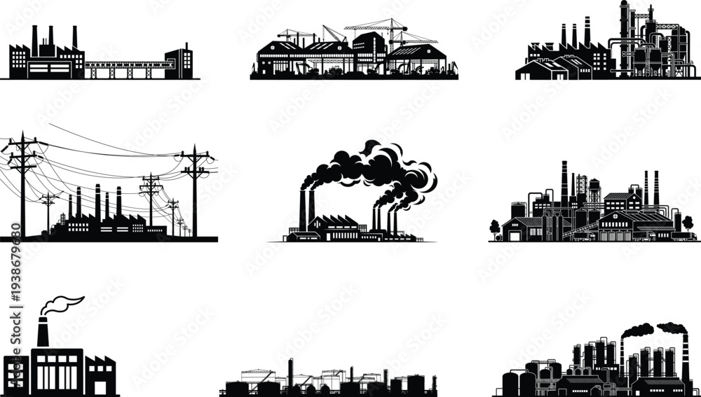Obraz premium Industrial factory buildings and power plants silhouette set