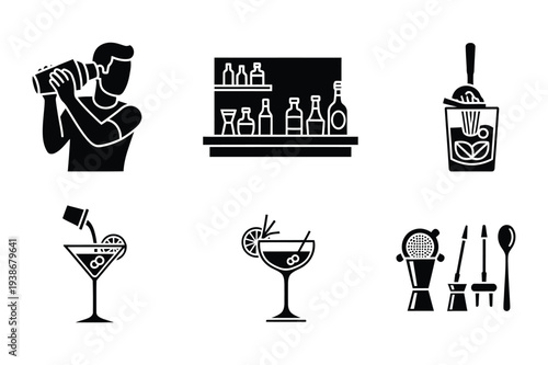 Bartender Preparing Drinks and Bar Tools Vector Icons