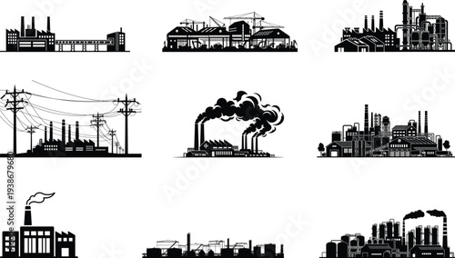 Industrial factory buildings and power plants silhouette set