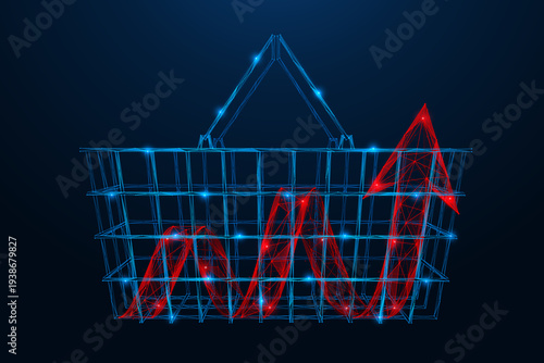 Increase in consumer spending. A digital shopping cart with a red upward arrow inside. The concept reflects inflation, pressure on consumer budgets, economic changes, and rising prices.