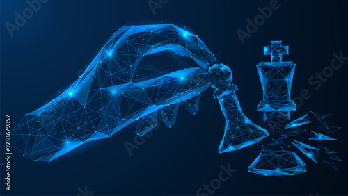 Digital checkmate. The hand holds a chess pawn that knocks out the king's piece. The concept of intellectual superiority, the power of strategy, and the player's ability to defeat the leader.