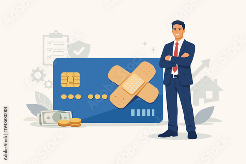 Credit repair process to fixing poor credit standing, recover from financial mistake or negotiate with creditors. Professional businessman helping to improve credit score and financial health.