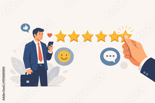 Businessman giving five star rating for customer experience and service satisfaction. Hand placing the final star for excellent feedback, positive online review, and business reputation management.