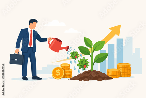 Economic Restoration After Coronavirus COVID-19 Outbreak Crisis in Post Pandemic Era. Government Policy to Support Business Growth and Financial Recovery with Businessman Watering a Money Plant.
