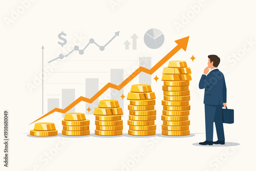 Professional businessman observing a rising arrow chart and growing stacks of gold coins, symbolizing successful investment strategies, financial growth, market profit, and wealth management.