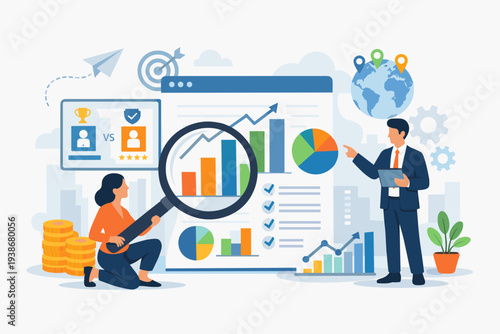 Professional market research and business data analysis concept with people examining charts, competitor comparison, global marketing strategy, financial growth, and data visualization vector.