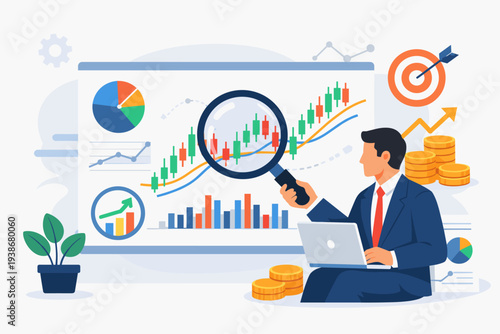 Professional businessman analyzing stock market data with magnifying glass and laptop. Financial investment strategy, profit growth, trading charts, candlestick graph, and gold coins vector.