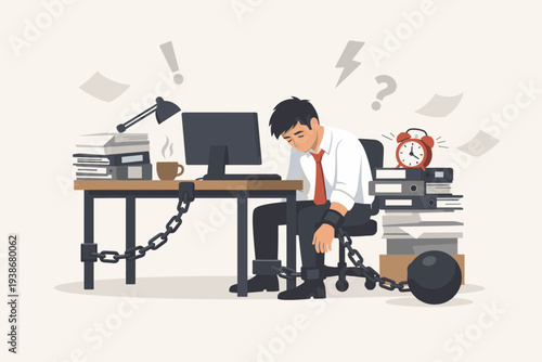 Overworked businessman chained to office desk with heavy ball and chain, feeling exhausted and burned out by massive workload, urgent deadlines, and corporate pressure, conceptual vector art.