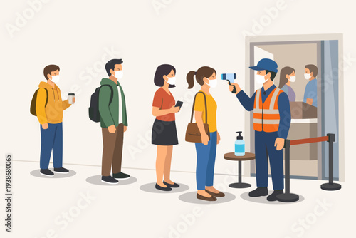 People Wearing Face Masks Waiting in Queue for Body Temperature Screening and Hand Sanitizer, Social Distancing Safety Protocol in Public Places During COVID-19 Pandemic, New Normal Vector