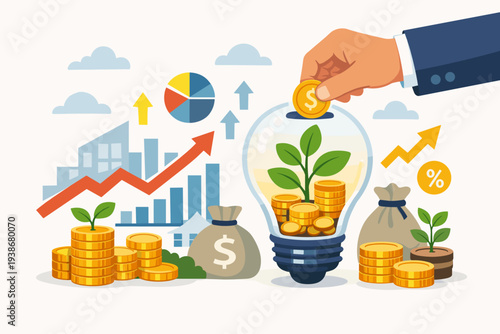 Business Investment and Financial Growth Concept with Hand Putting Coin into Lightbulb Containing Growing Plant and Money Stacks, Stock Market Charts, Wealth Management, and Savings Strategy.