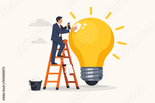 Businessman standing on a ladder polishing a large glowing light bulb to perfection. Concept of refining ideas, attention to detail, craftsmanship, and improving innovation for best quality.
