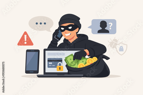 Cybercrime and Phone Scam Concept with Hacker Stealing Money from Laptop. Thief in Mask Making Fake Call to Commit Online Fraud, Identity Theft, and Financial Data Breach Vector Illustration.