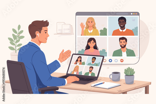 Businessman in a blue suit participating in a professional online video conference meeting with colleagues on a laptop and large screen, remote work, virtual team collaboration, and communication.