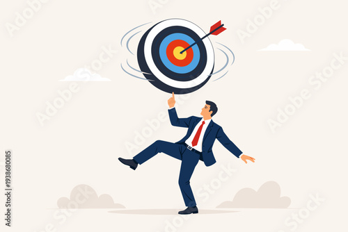Result Oriented Business Strategy Concept with Businessman Balancing a Spinning Target with an Arrow in the Bullseye on His Finger, Representing Professional Goal Achievement and Success.