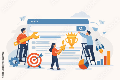 SEO Search Engine Optimization Concept with Team Working to Improve Website Ranking, Digital Marketing Strategy, Business Growth, Analytics, Success, Rocket, Trophy, and Target Illustration.