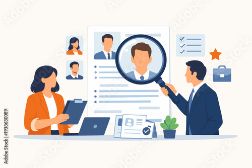 HR Professionals Reviewing Job Candidate Resumes and CVs for Hiring Vacancy, Human Resources Recruitment Process, Talent Acquisition and Selection, Professional Career Employment Illustration