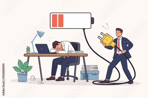 Tired Office Worker Sleeping at Desk with Low Battery Icon Above While Colleague Brings Large Plug to Recharge Energy, Burnout and Overworked Employee Fatigue Concept Vector Illustration