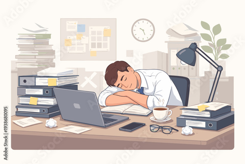 Overworked businessman sleeping at his office desk with piles of files and a laptop, depicting burnout, quiet quitting, lack of motivation, professional exhaustion, and workplace stress.