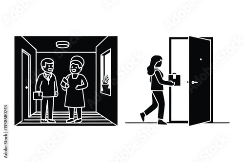 Business People Arrive and Leave Office Building Entrance