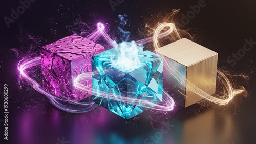 Abstract cubes with contrasting liquid, crystal, and metallic textures
