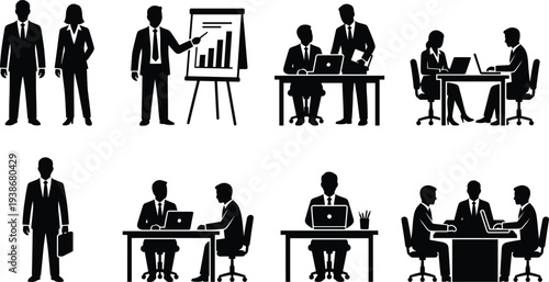 Professional business silhouette set featuring male and female executives working at desks using laptops leading meetings presenting financial charts and collaborating in teams