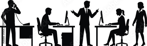 Professional business silhouette set featuring male and female executives working at desks using computers talking on phones and collaborating in a busy office